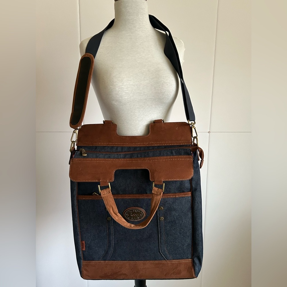 Reba carry on denim bag with bandana pattern 
Has computer padded  bag insert